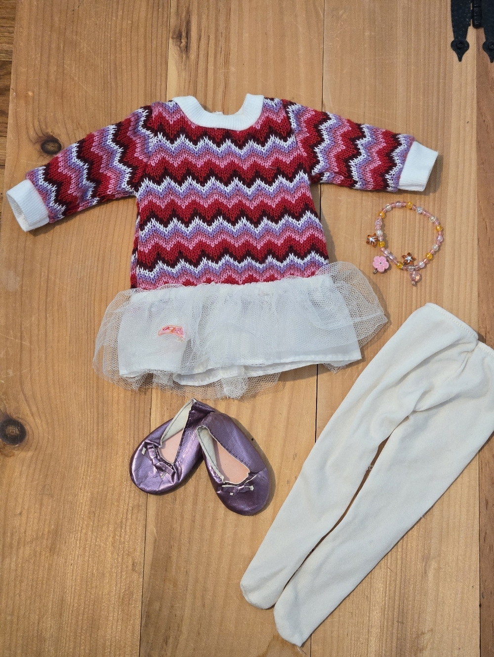 18" Doll Outfit -  Chevron Knit Dress with Tulle Skirt - Red, Pink, White